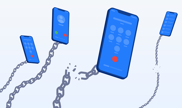 Graphic images of 4 phones, with a broken chain attached to each of them.